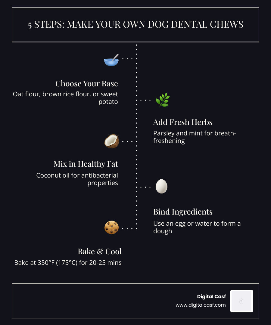 Infographic showing 5 steps to make DIY dog dental chews with key ingredients and benefits - diy dental chews for dogs