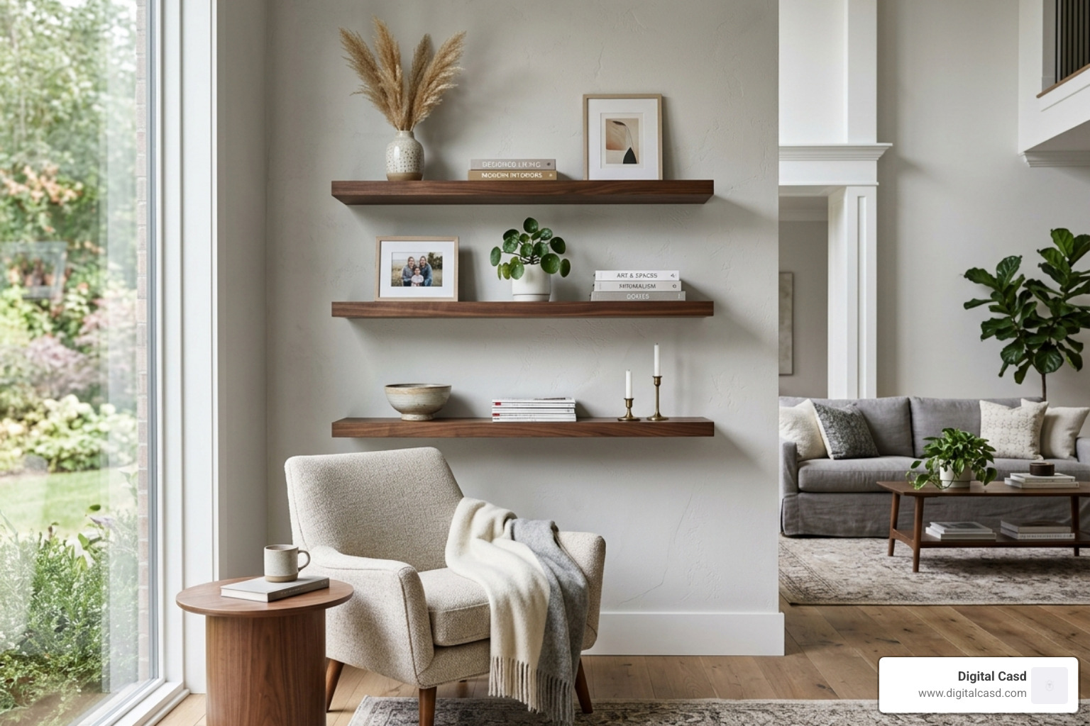 modern floating shelves in a contemporary home with hidden brackets - living room floating shelves