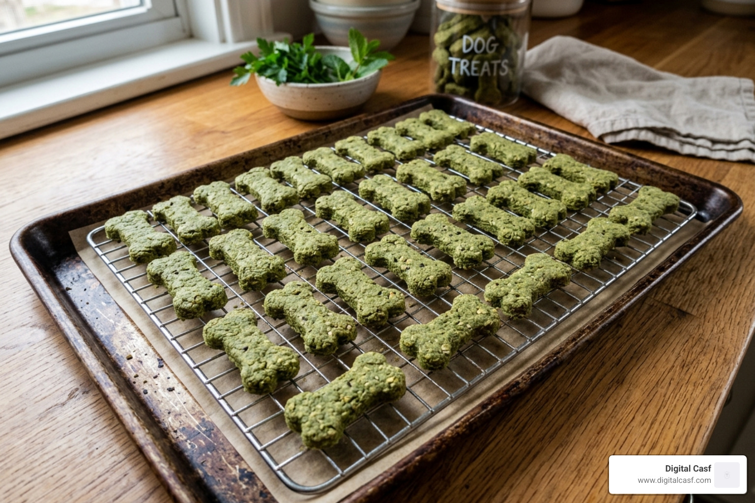 homemade green dental biscuits on a baking sheet - diy dental chews for dogs
