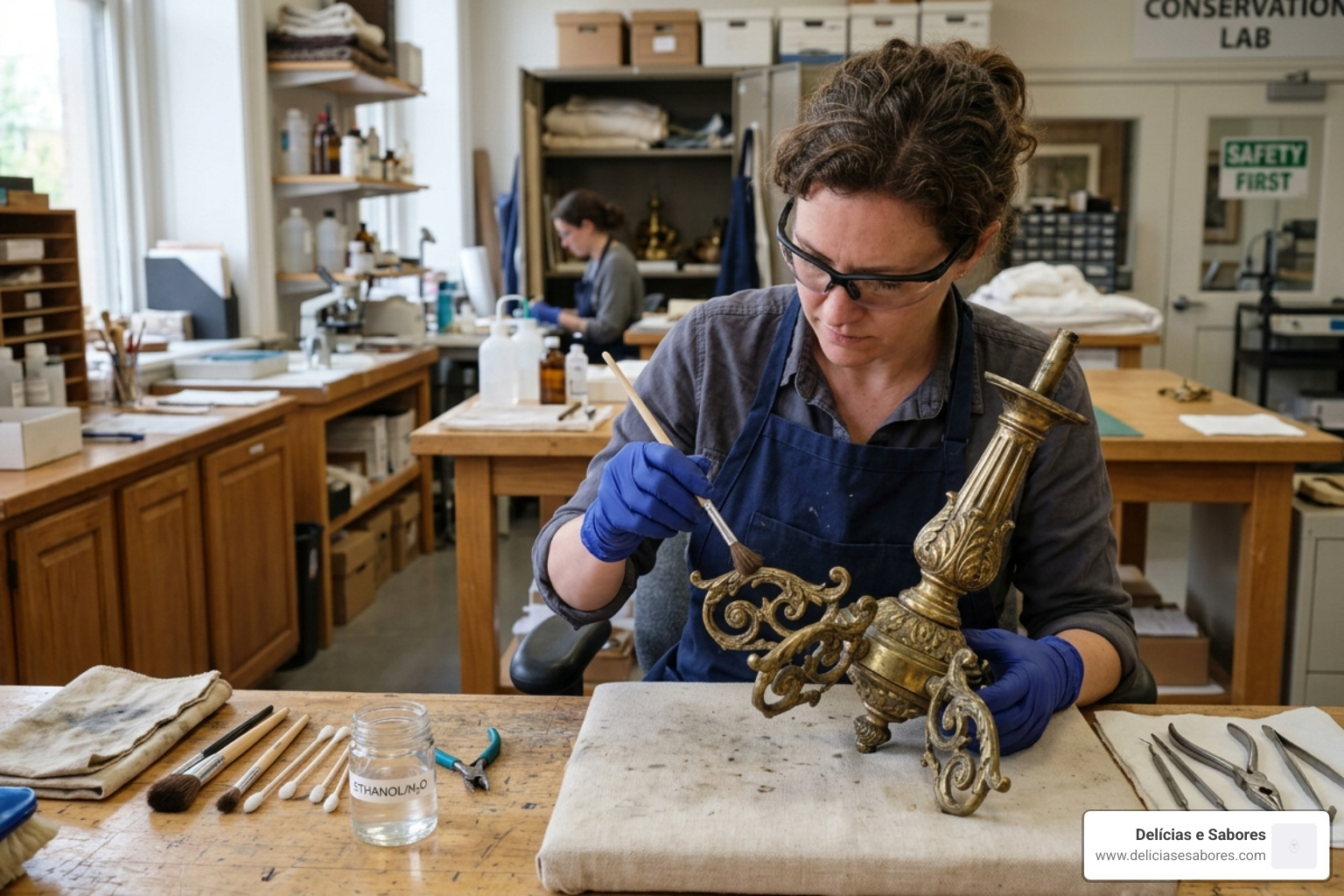 Professional conservator using a soft brush to clean an antique brass fixture - brass oxidation removal Professional conservator using a soft brush to clean an antique brass fixture - brass oxidation removal