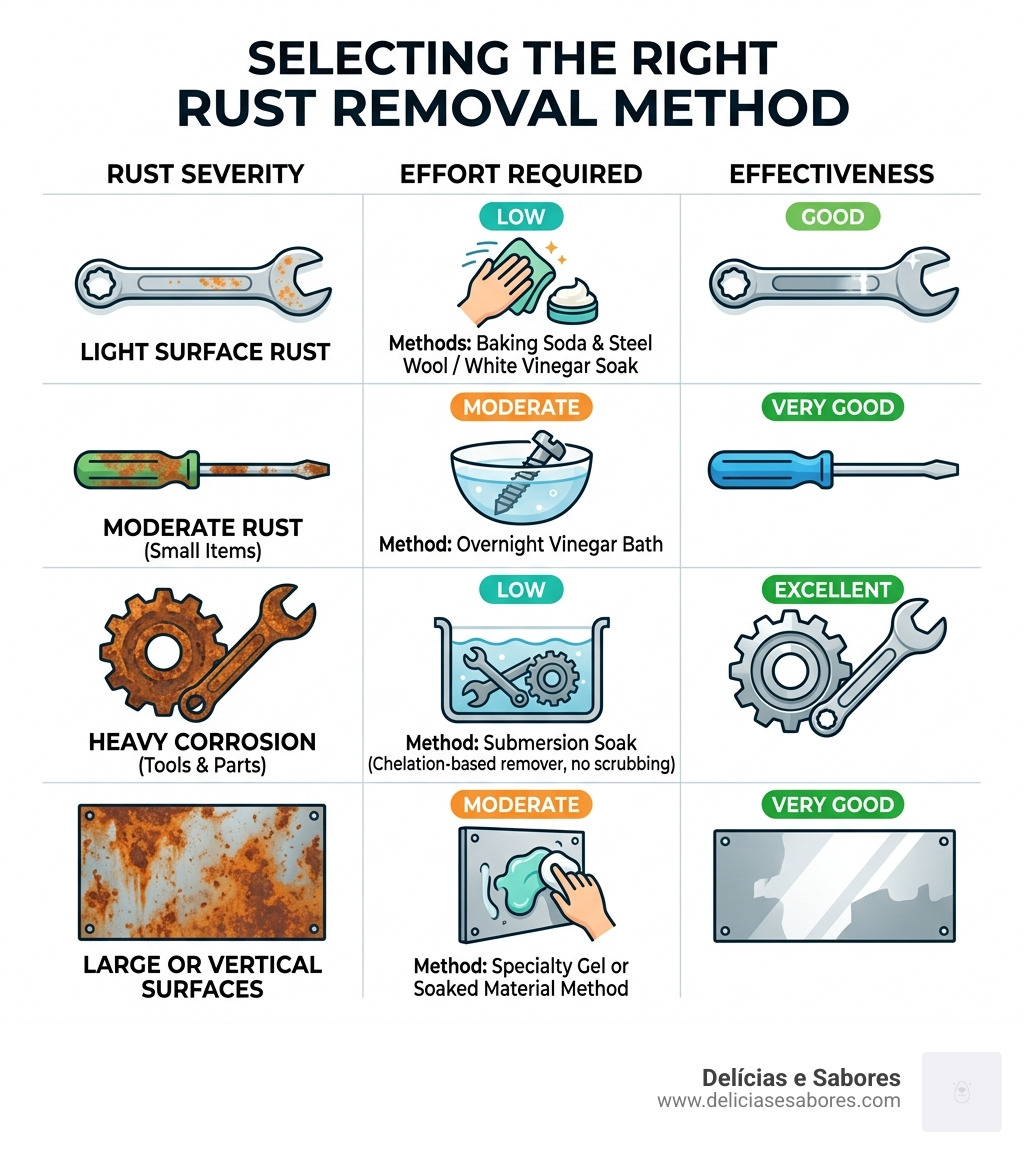 Infographic comparing rust removal methods by rust severity, effort, and effectiveness - best solution to remove rust