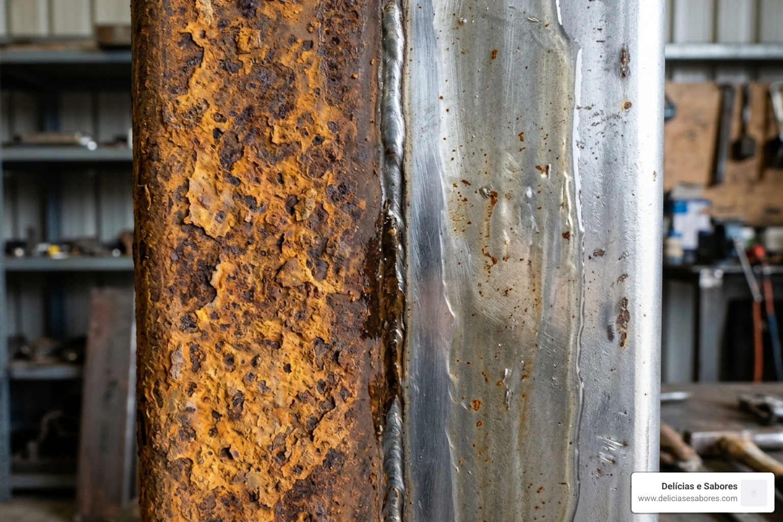 A vertical metal surface partially treated with rust removal gel, showing the before and after transition - best solution to