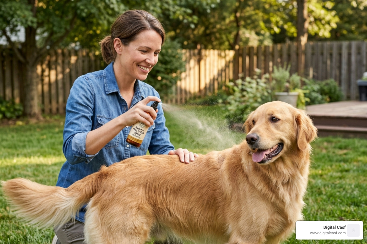Applying natural flea spray to a dog's coat - chemical free flea and tick control for dogs