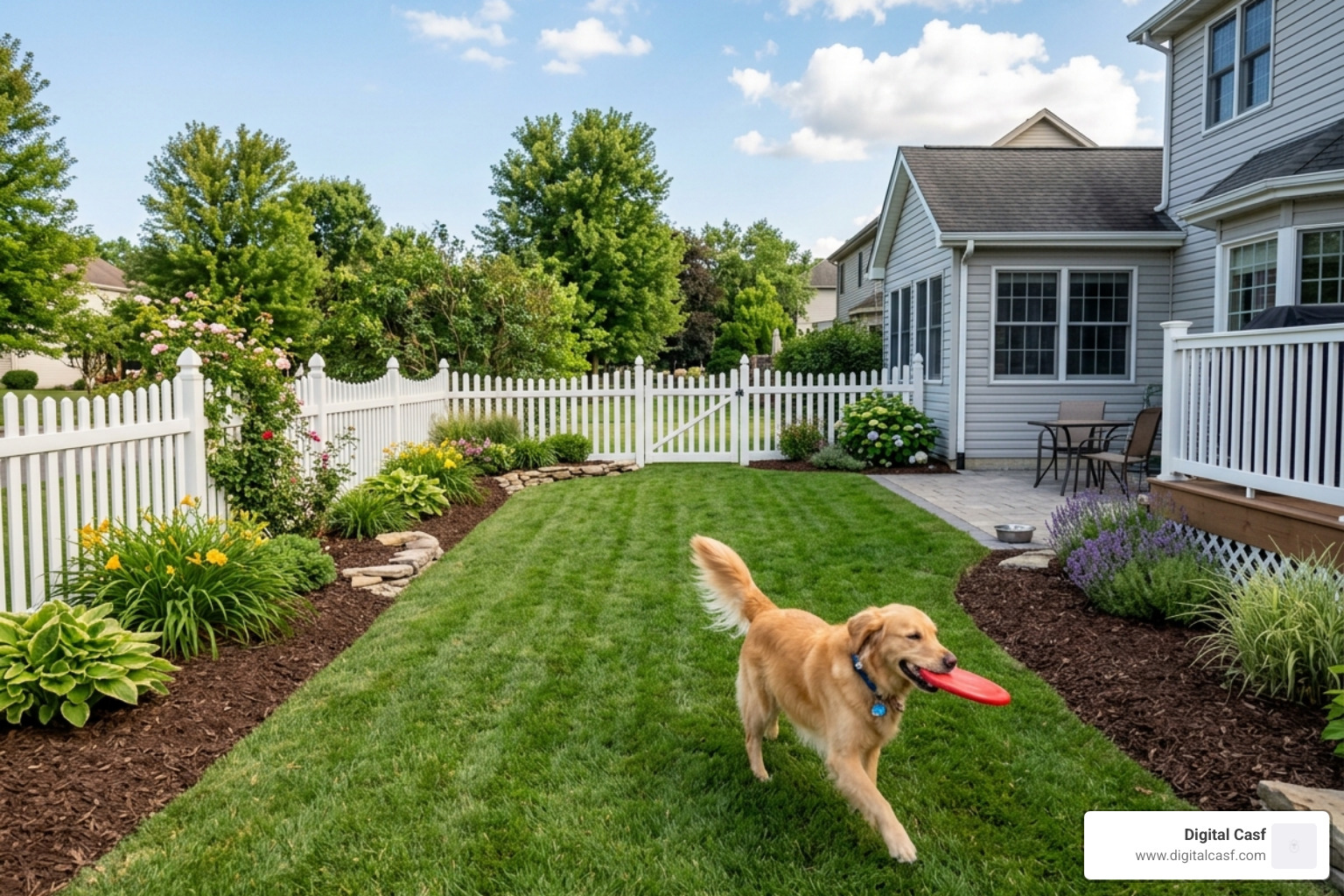 A pet-friendly yard with short grass and mulch buffers - chemical free flea and tick control for dogs