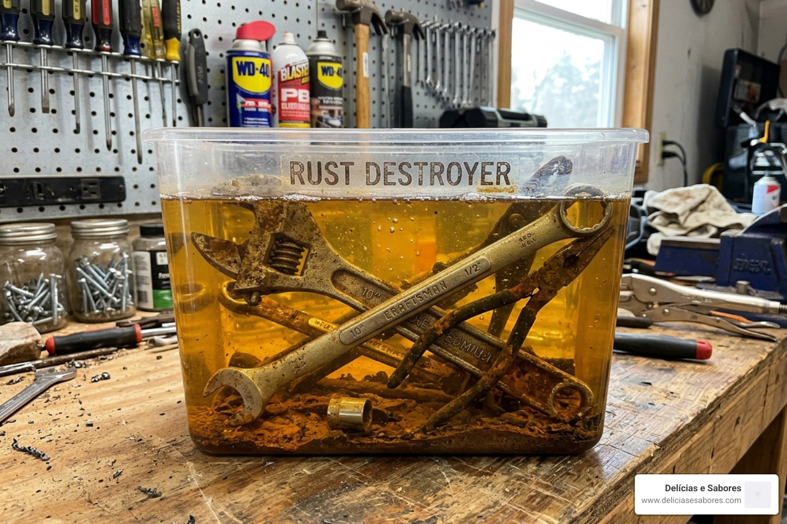 A container filled with rust remover solution and submerged metal tools - best solution to remove rust