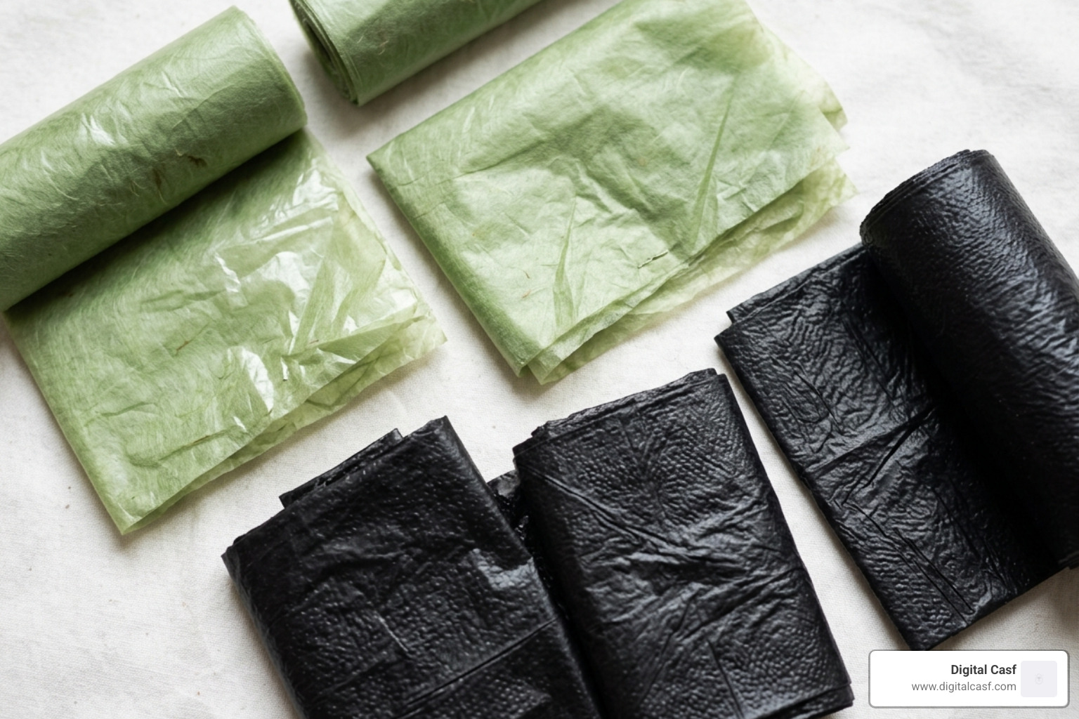 Close-up of different eco-friendly bag textures including plant-based and recycled plastic - eco friendly dog waste bags