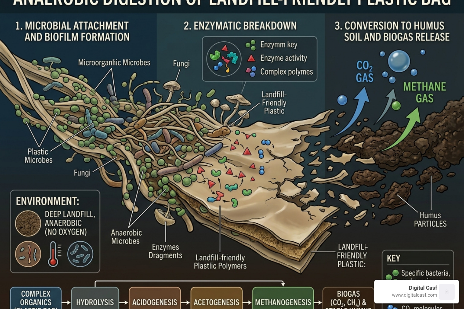 Graphic showing anaerobic microbes breaking down a landfill-friendly bag into humus and CO2 - eco friendly dog waste bags