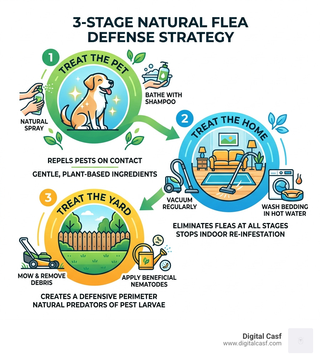 3-stage natural flea defense strategy: treat the pet, treat the home, treat the yard - chemical free flea and tick control