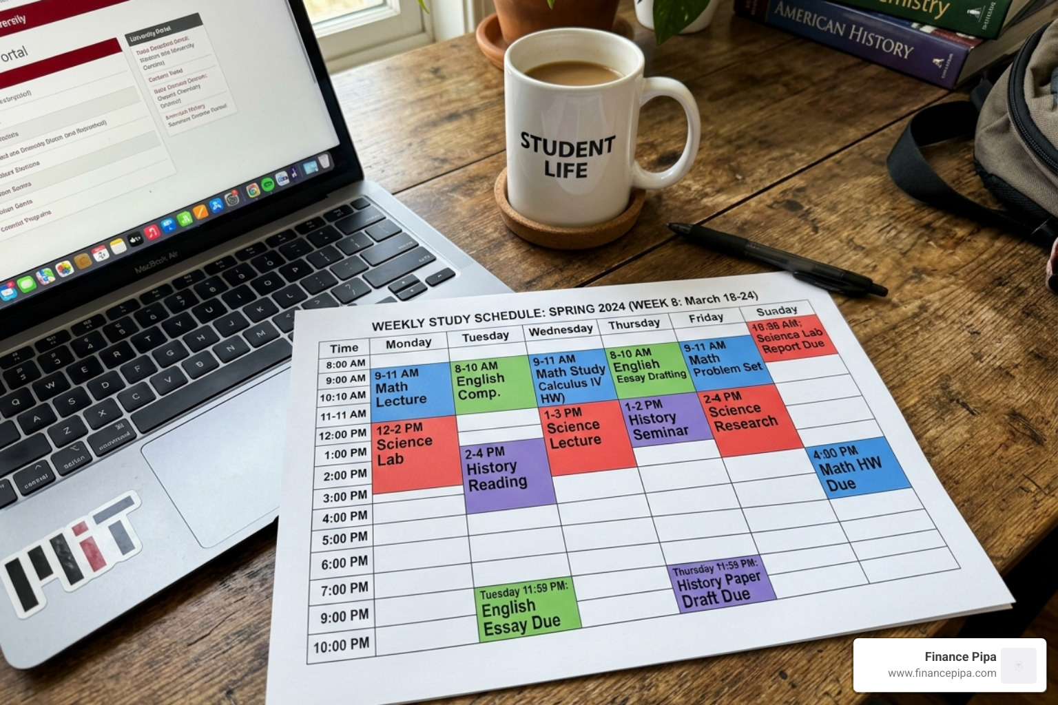 A color-coded study schedule showing balanced workload distribution - assignment due date tracker