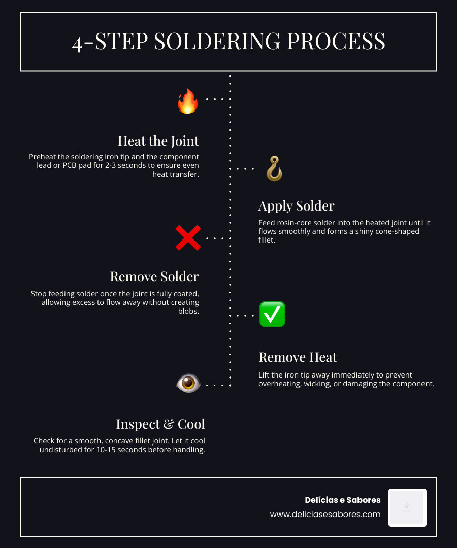 4-step soldering process infographic: Heat the joint, Apply solder, Remove solder, Remove heat - soldering kits for 4-step soldering process infographic: Heat the joint, Apply solder, Remove solder, Remove heat - soldering kits for