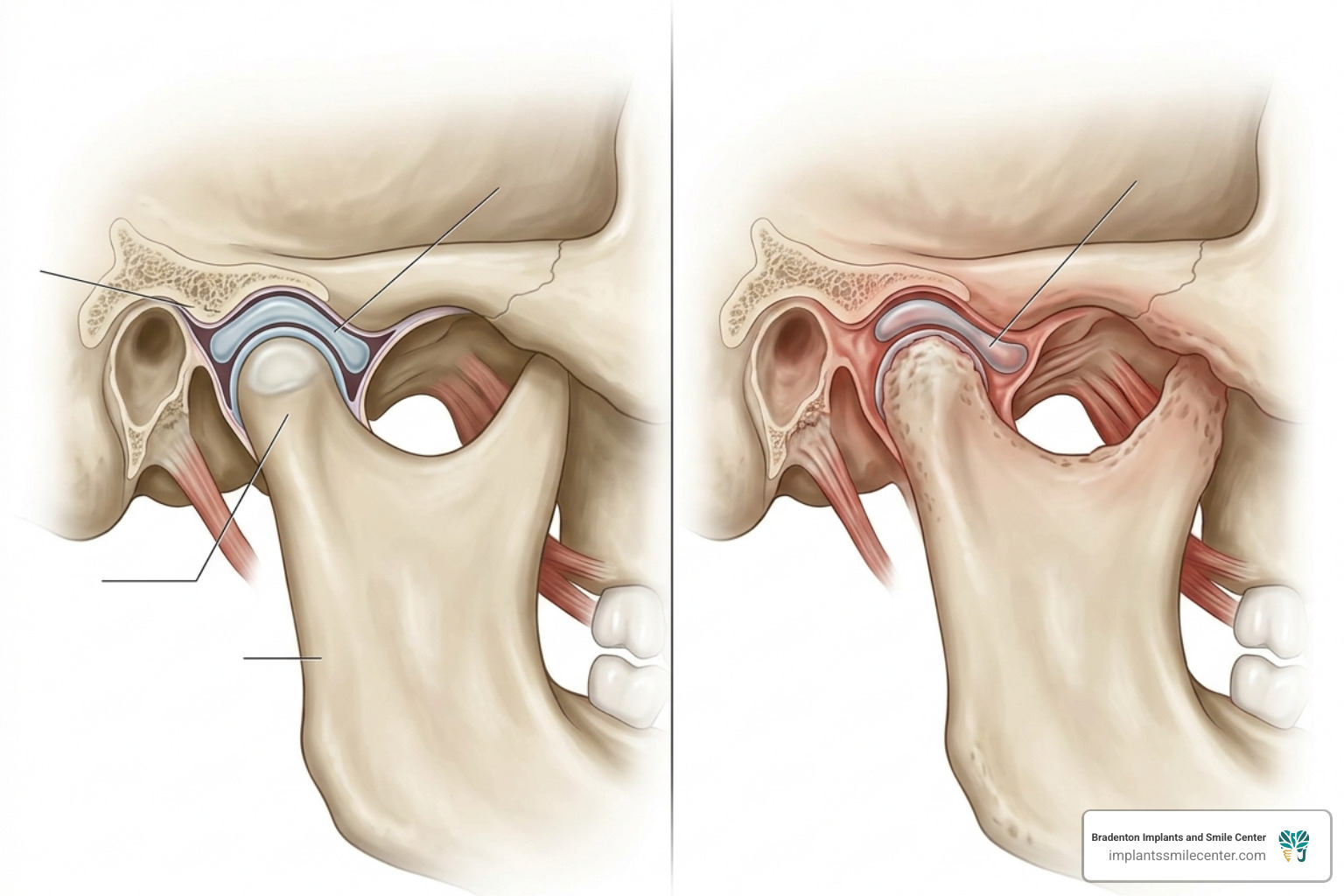 Graphic illustrating the difference between a healthy jaw joint and one affected by TMD inflammation - TMJ treatment