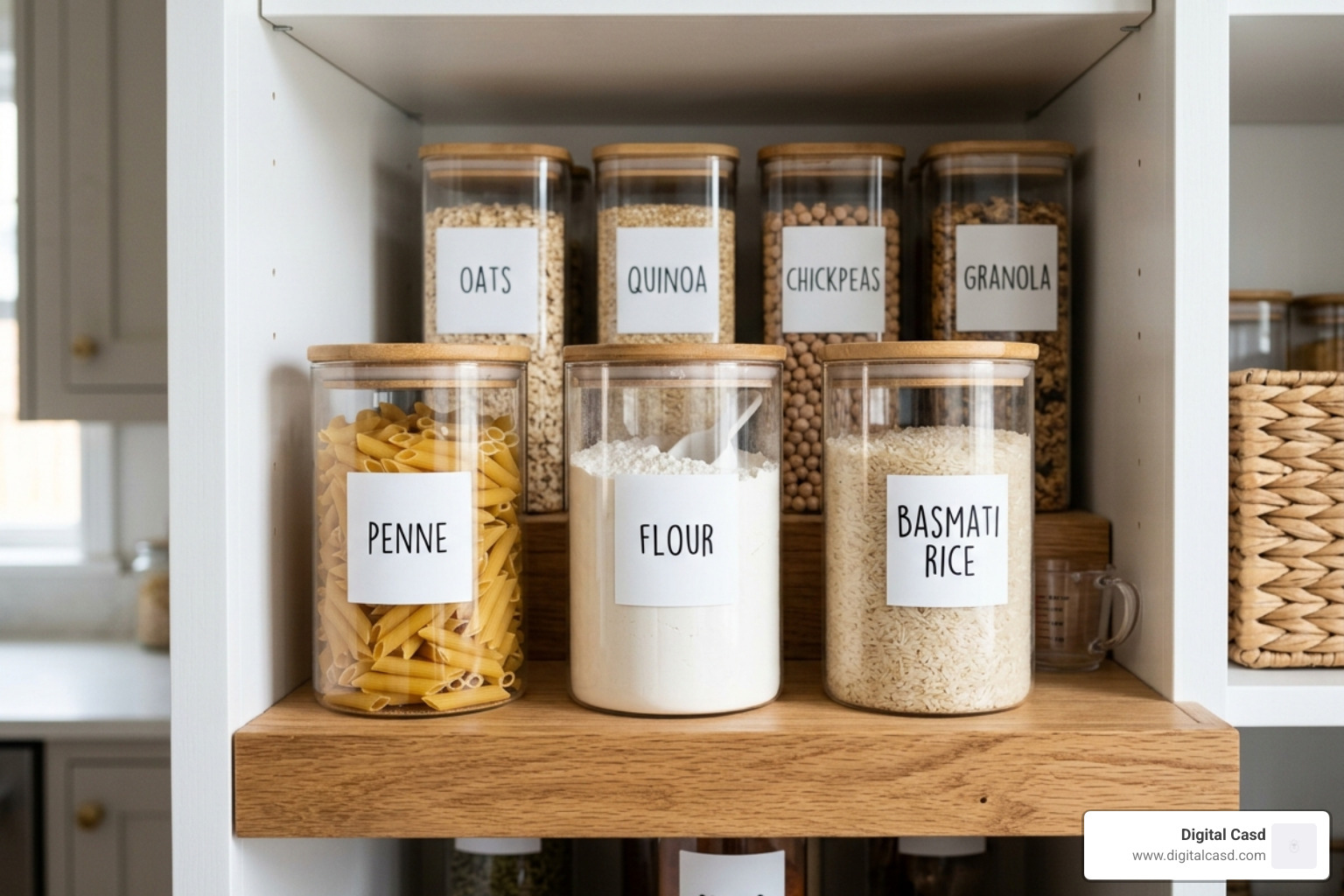 organized pantry bins with labels - home organization tools