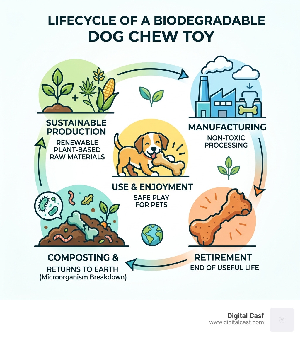 lifecycle of a biodegradable dog chew toy from production to composting - biodegradable dog chew toys infographic 
