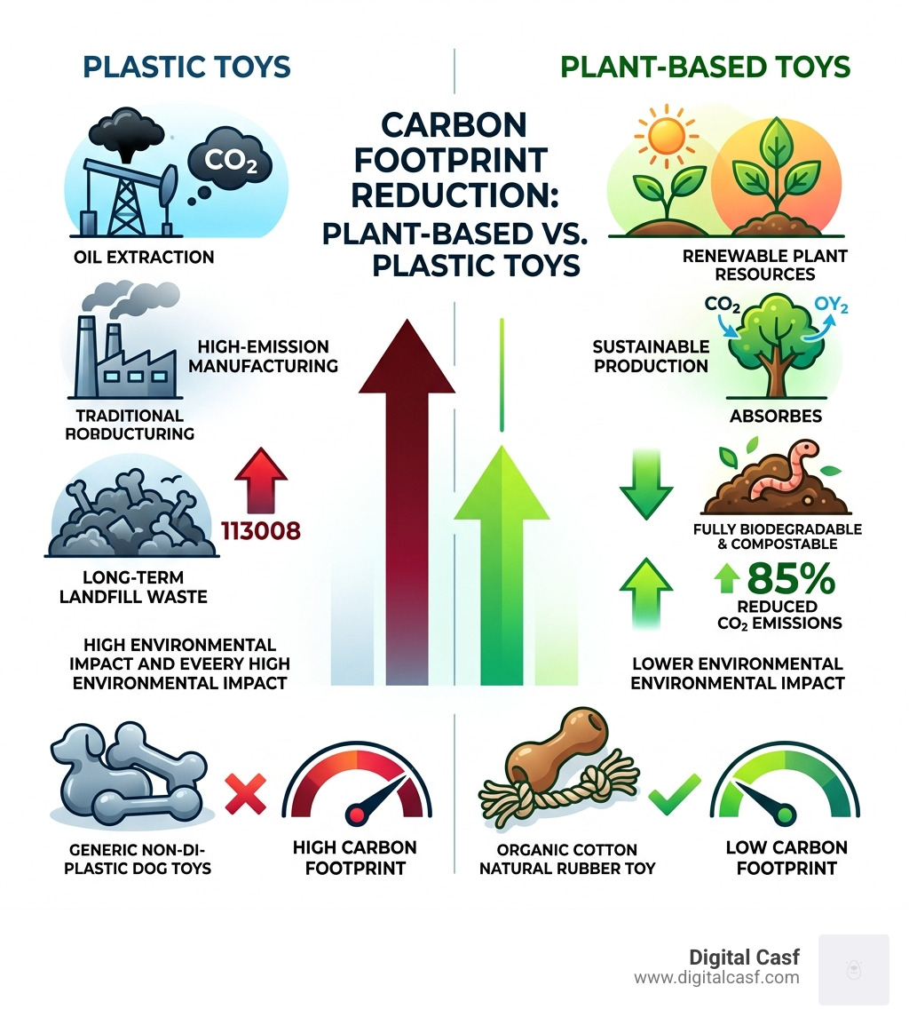 Carbon footprint reduction of plant-based toys vs plastic - biodegradable dog chew toys infographic 