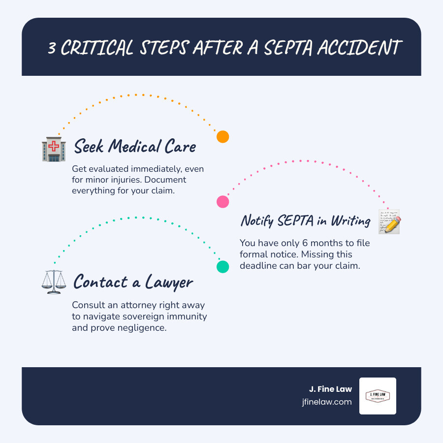 Key facts and steps for filing a SEPTA injury claim in Philadelphia - SEPTA injury lawyer Philadelphia infographic Key facts and steps for filing a SEPTA injury claim in Philadelphia - SEPTA injury lawyer Philadelphia infographic
