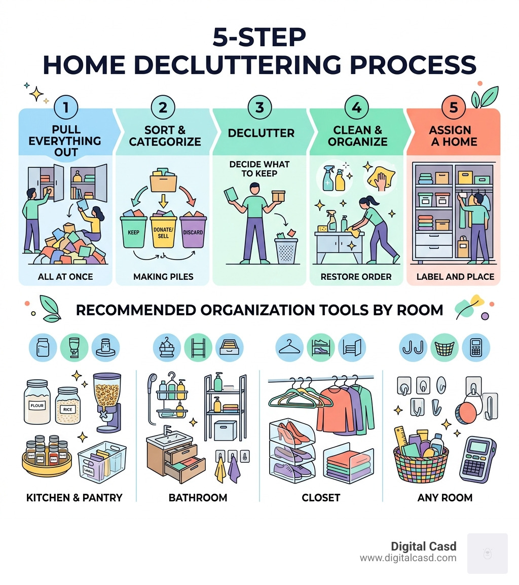5-step home decluttering process infographic with tools by room - home organization tools infographic 