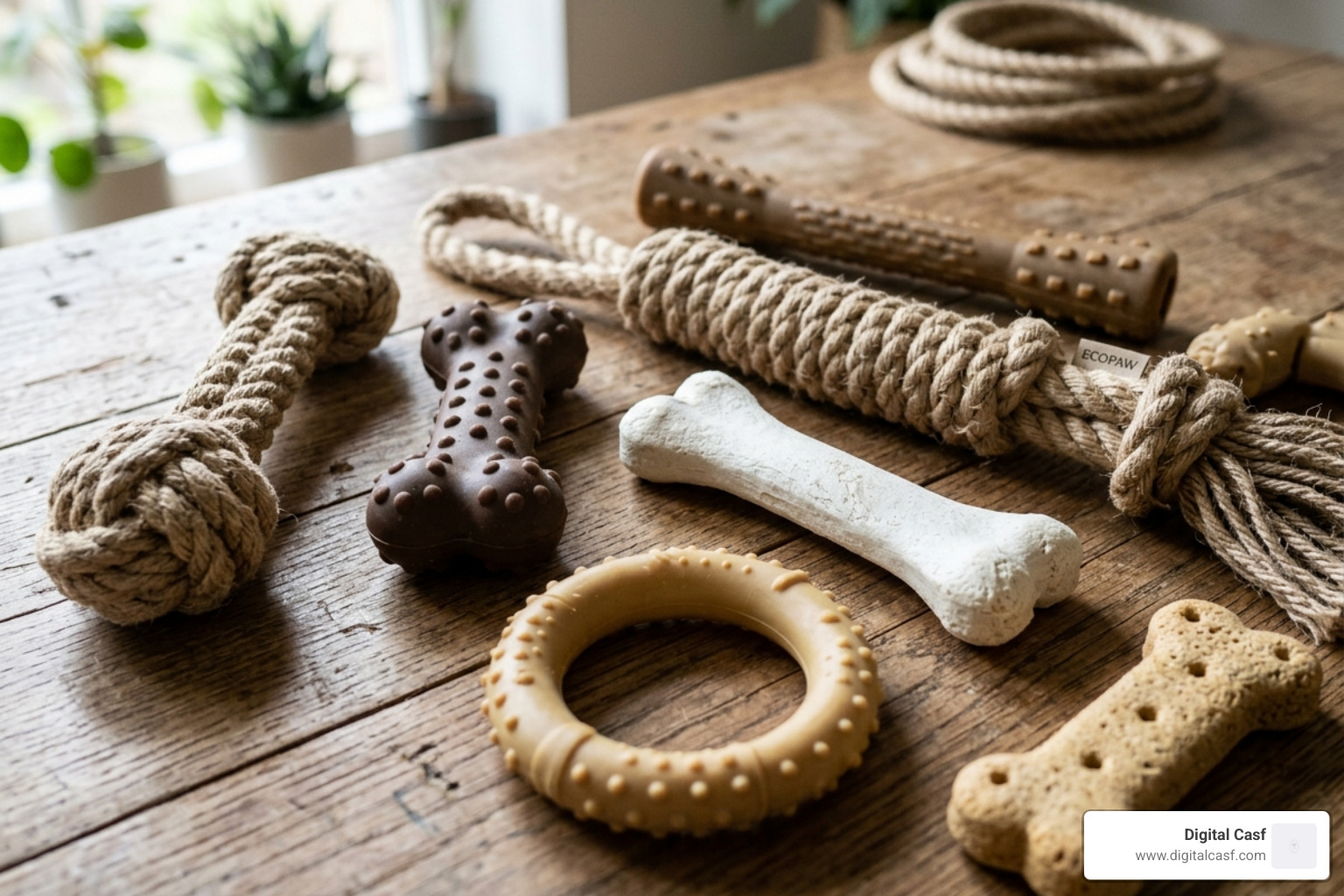 various plant-based chew materials like hemp and natural rubber - biodegradable dog chew toys