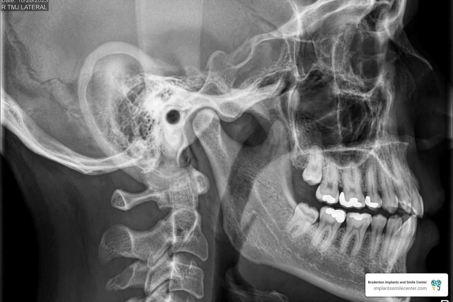 Close-up of a digital dental X-ray showing the alignment of the temporomandibular joint - TMJ treatment Bradenton FL