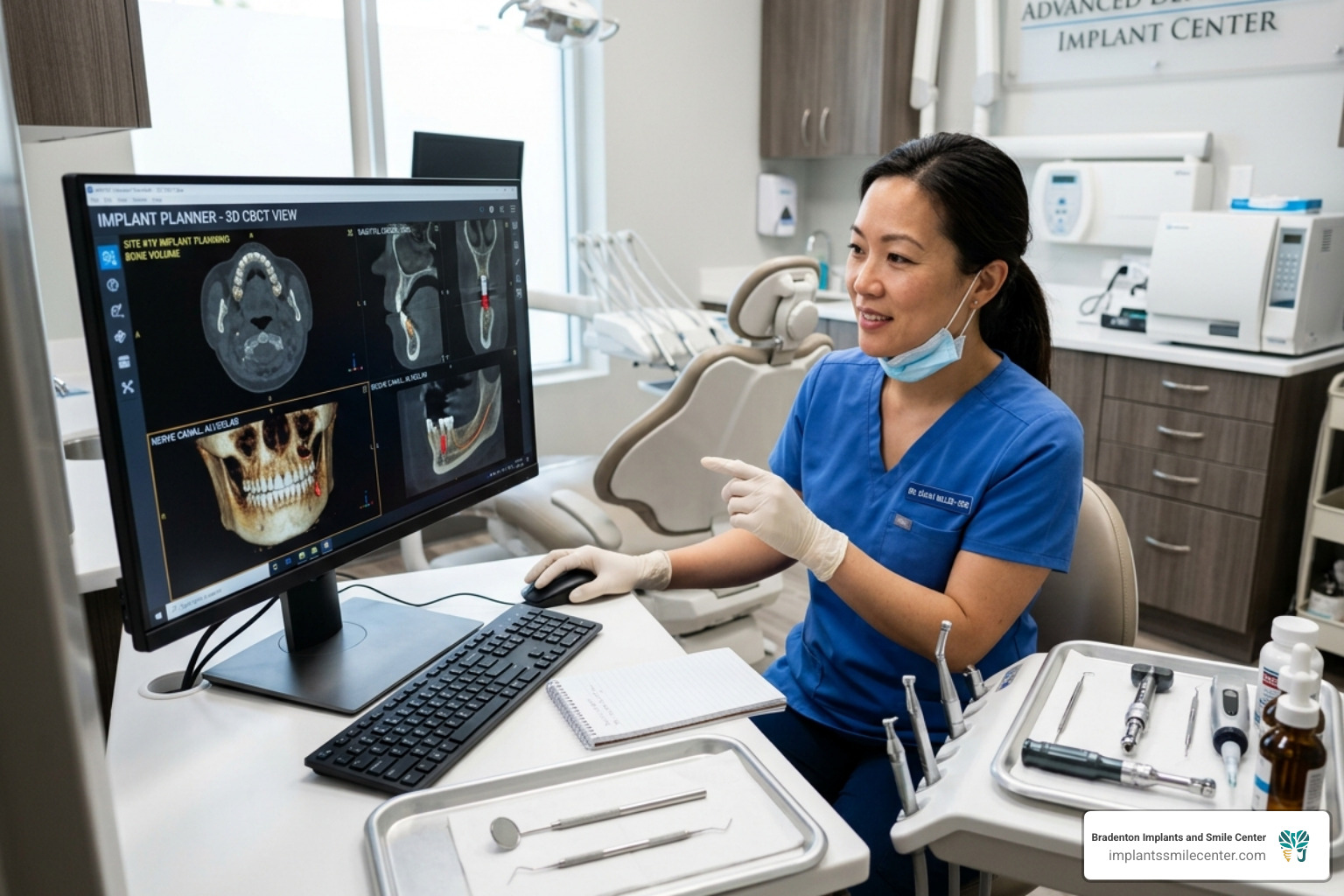 dentist reviewing a 3D CBCT scan for implant planning - affordable full mouth dental implants
