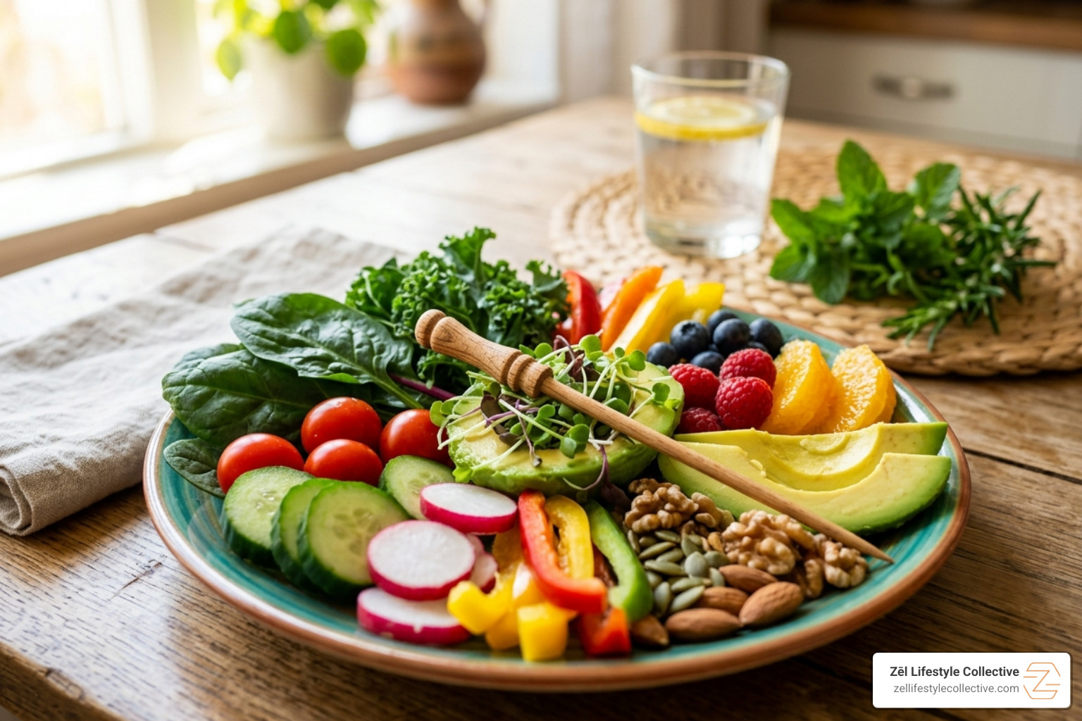 Healthy colorful food paired with acupuncture needles representing holistic health - acupuncture weight loss Ohio