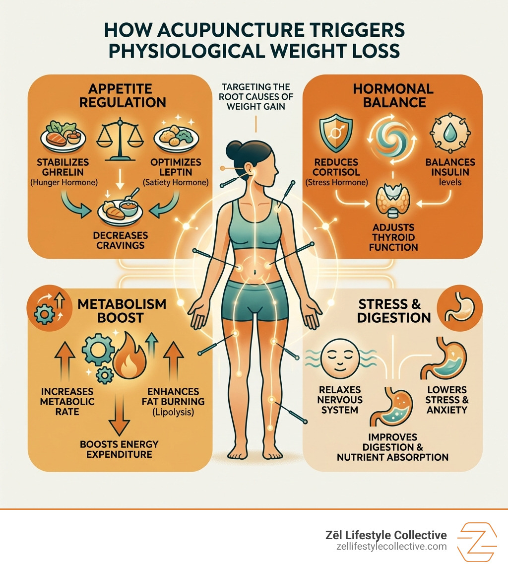 How acupuncture triggers physiological weight loss - hormones, metabolism, appetite, stress - acupuncture weight loss Ohio