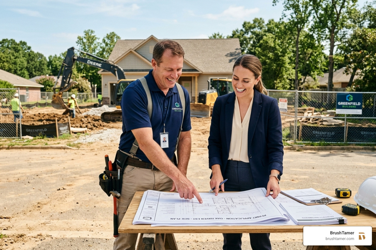 licensed contractor reviewing property permits with a client - Brush removal contractor