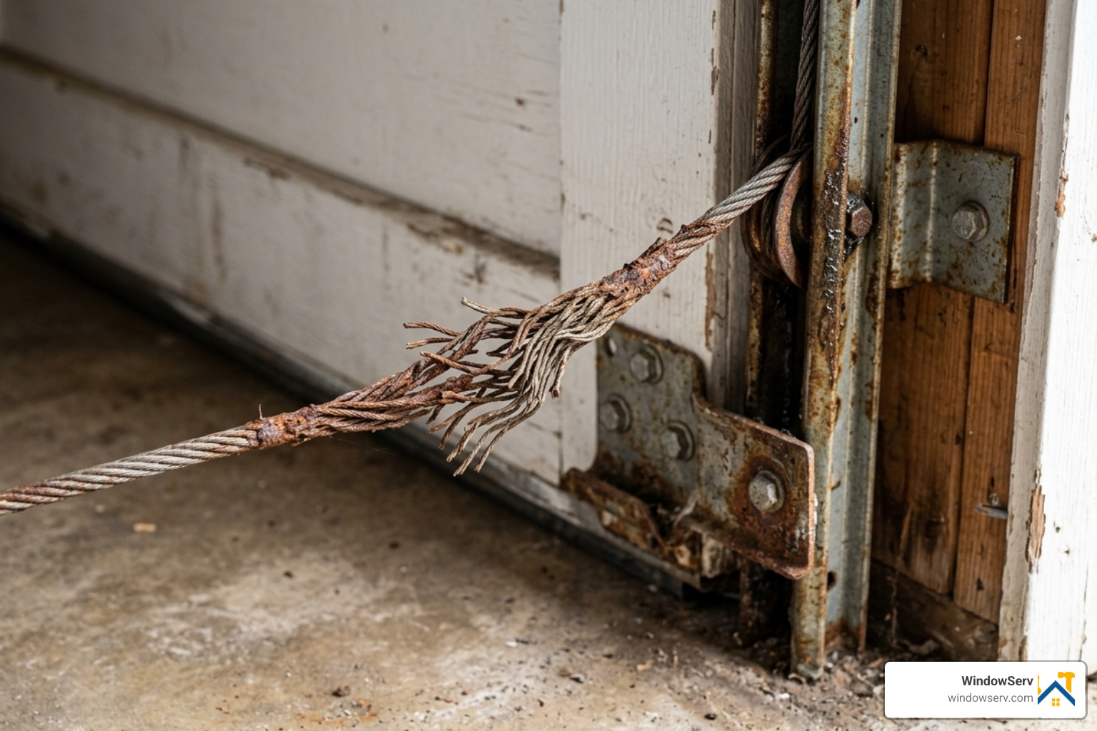 Close up of a frayed garage door cable requiring replacement - garage door repair trenton nj Close up of a frayed garage door cable requiring replacement - garage door repair trenton nj