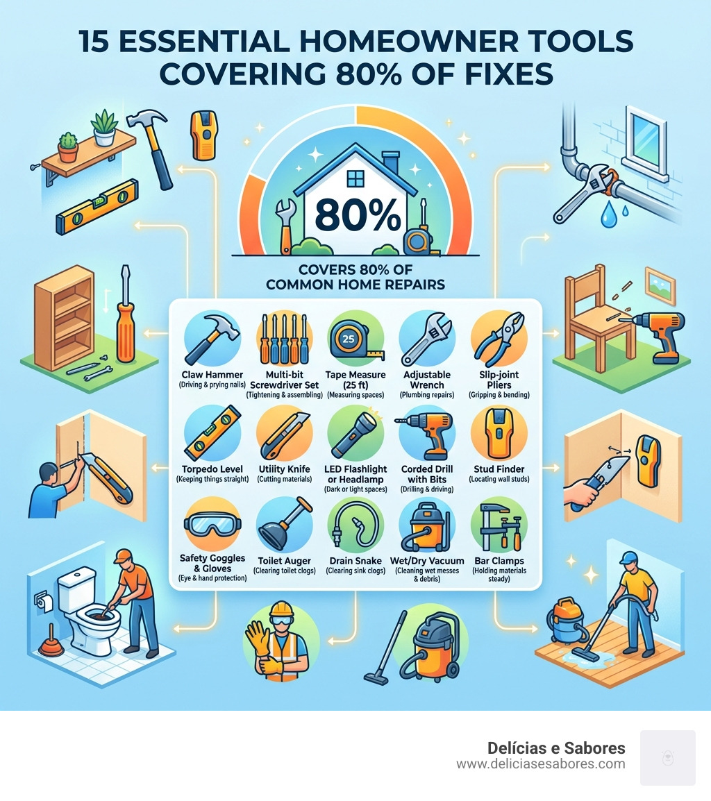 Infographic showing 15 essential homeowner tools and the 80% of fixes they cover - 15 tools every homeowner should have