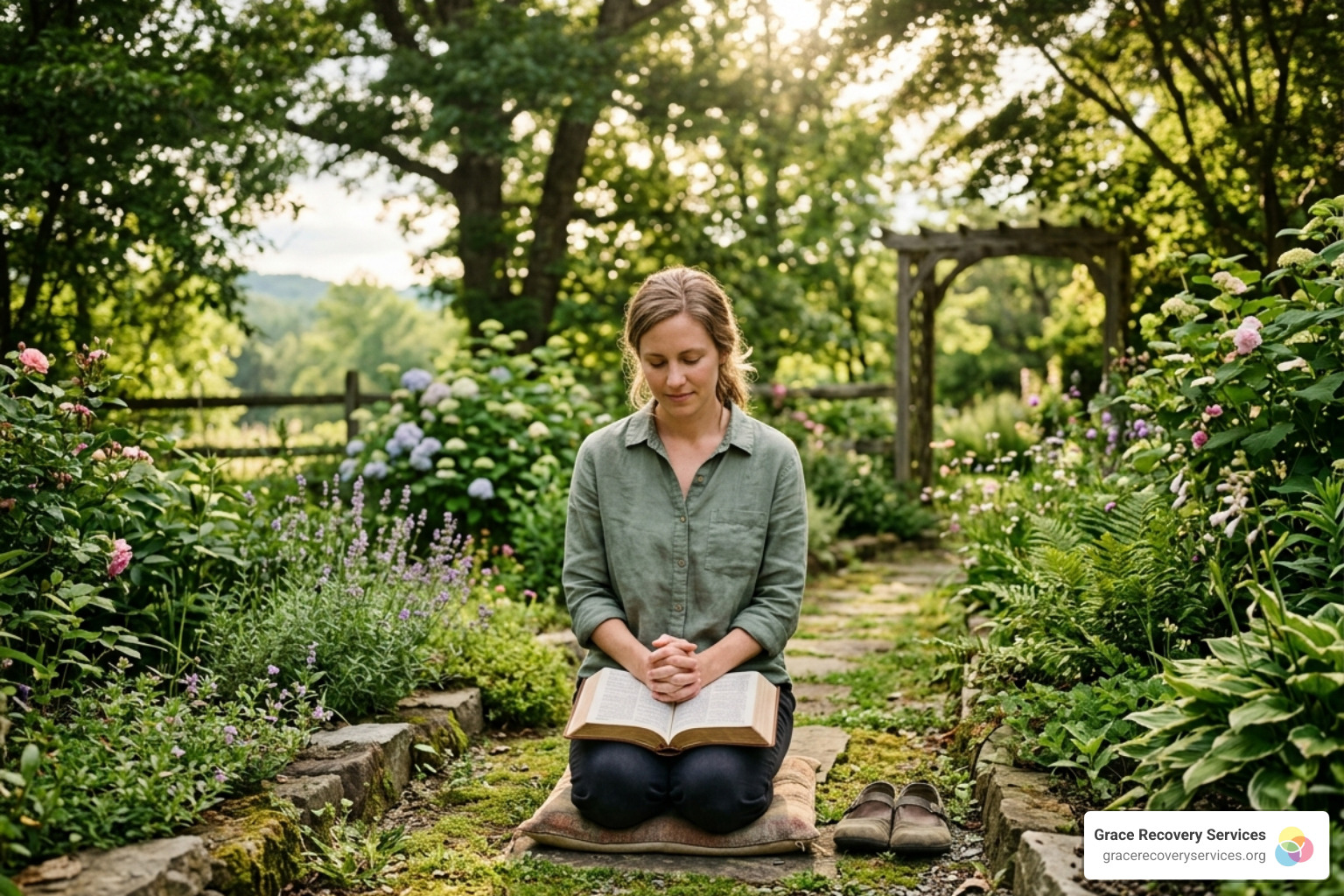 A person praying in a quiet garden finding peace through scripture - bible verses to help with addiction A person praying in a quiet garden finding peace through scripture - bible verses to help with addiction