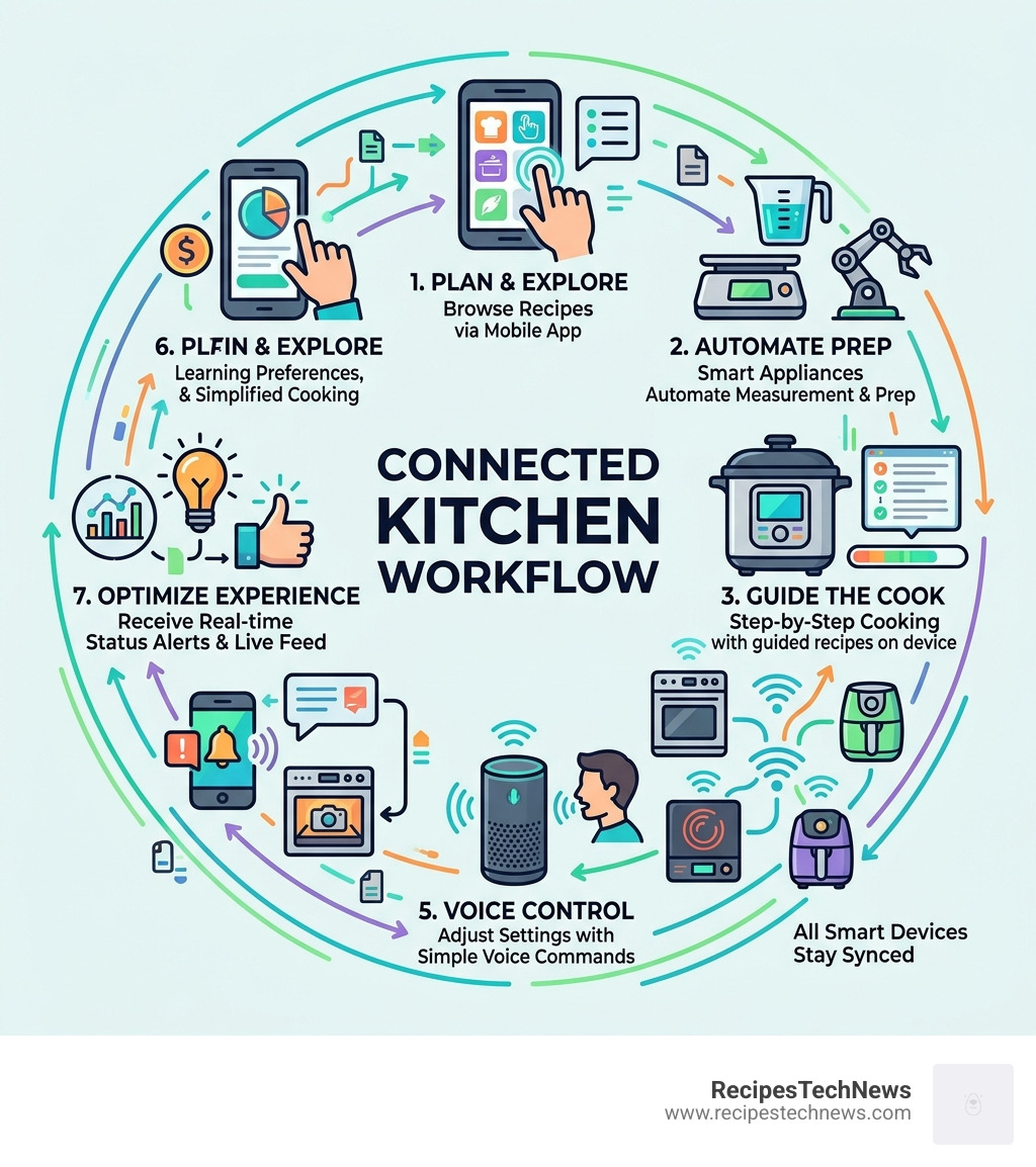 connected kitchen workflow showing devices, apps, voice control, and automation steps - smart kitchen devices infographic 