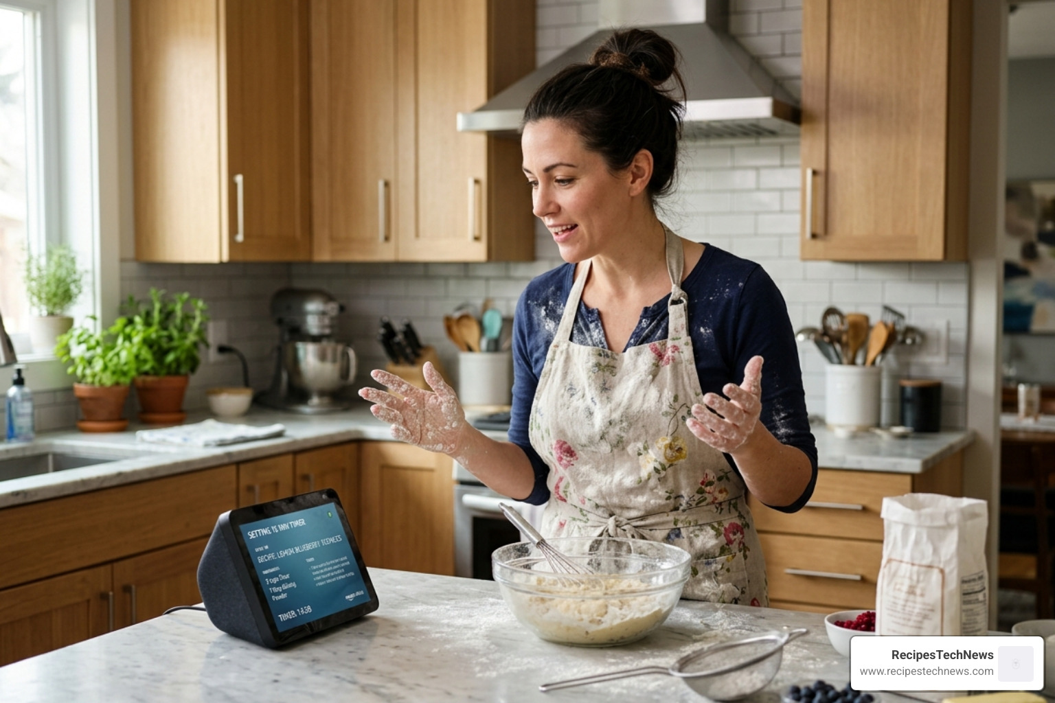 a home cook using a voice assistant to set a timer and check a recipe - smart kitchen devices