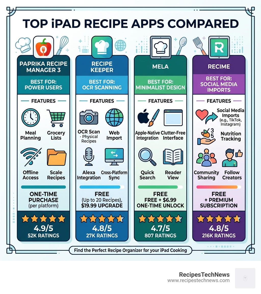 Infographic comparing top iPad recipe apps by features, pricing, and ratings - best app for organizing recipes on ipad