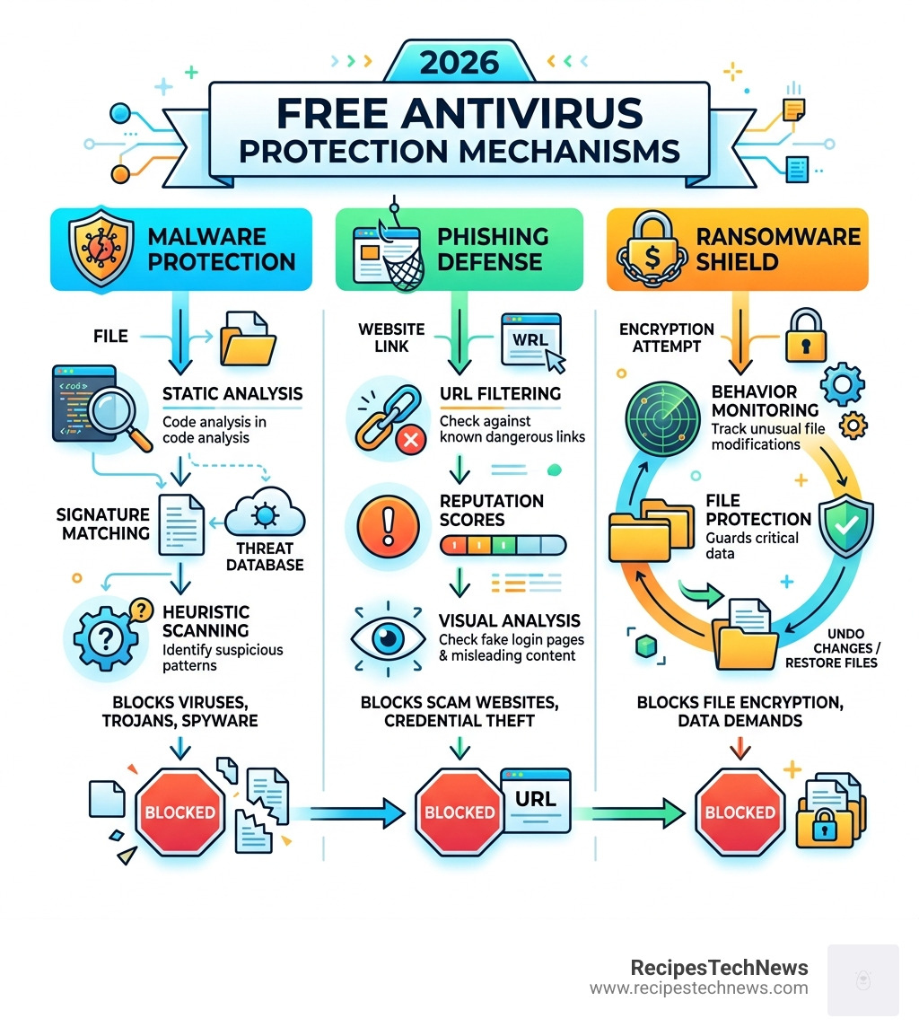 Infographic showing how top free antivirus engines block malware, phishing, and ransomware in 2026 - free antivirus software