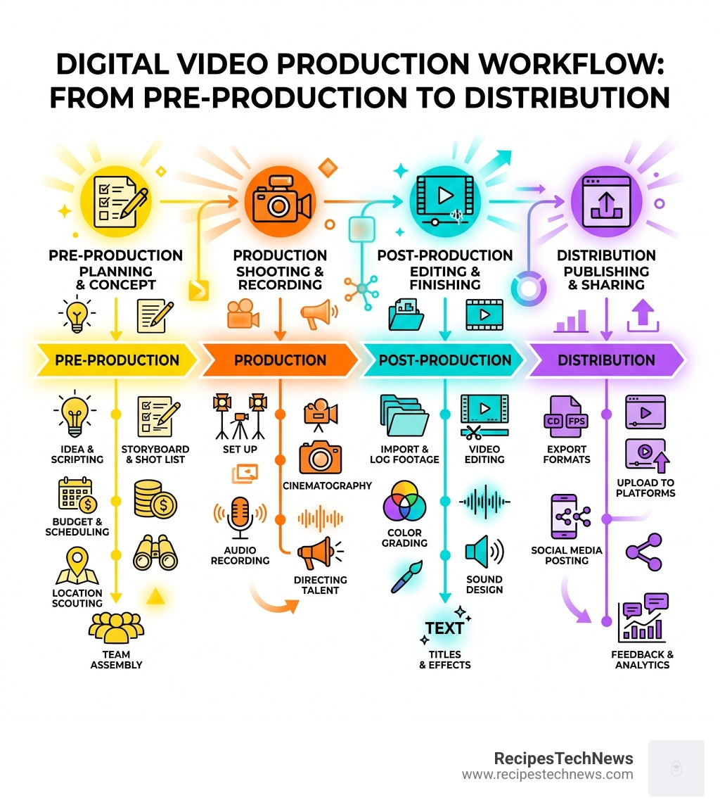 Digital video production workflow from pre-production to distribution infographic - digital filmmaking for beginners a