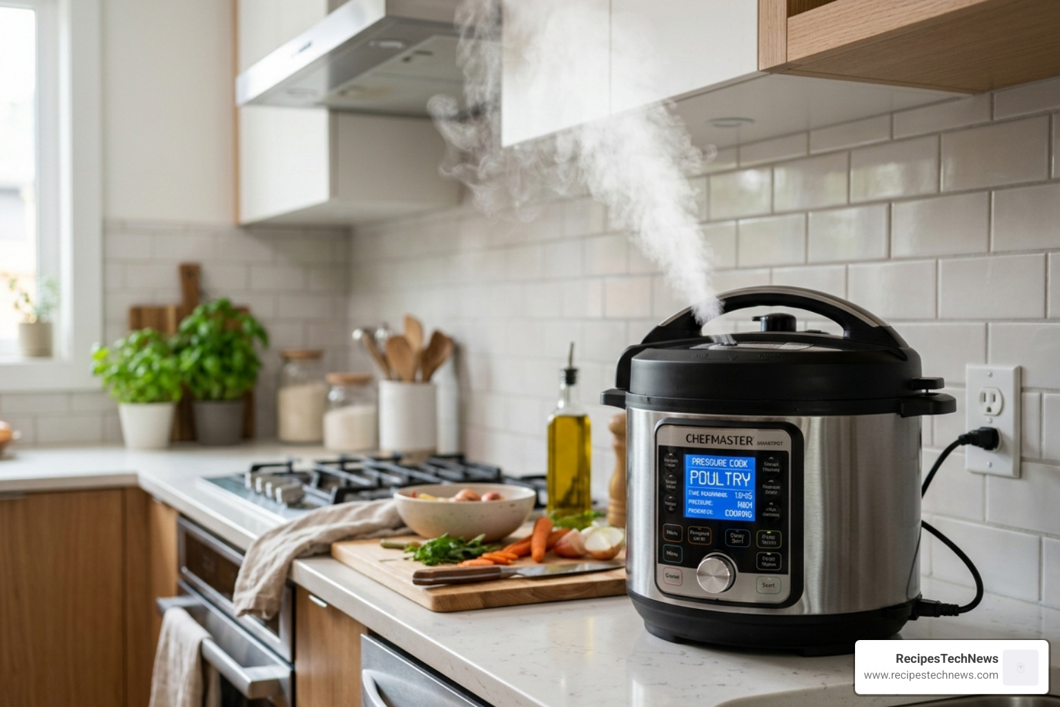 a smart multi-cooker in action with a digital display and steam release - smart kitchen devices