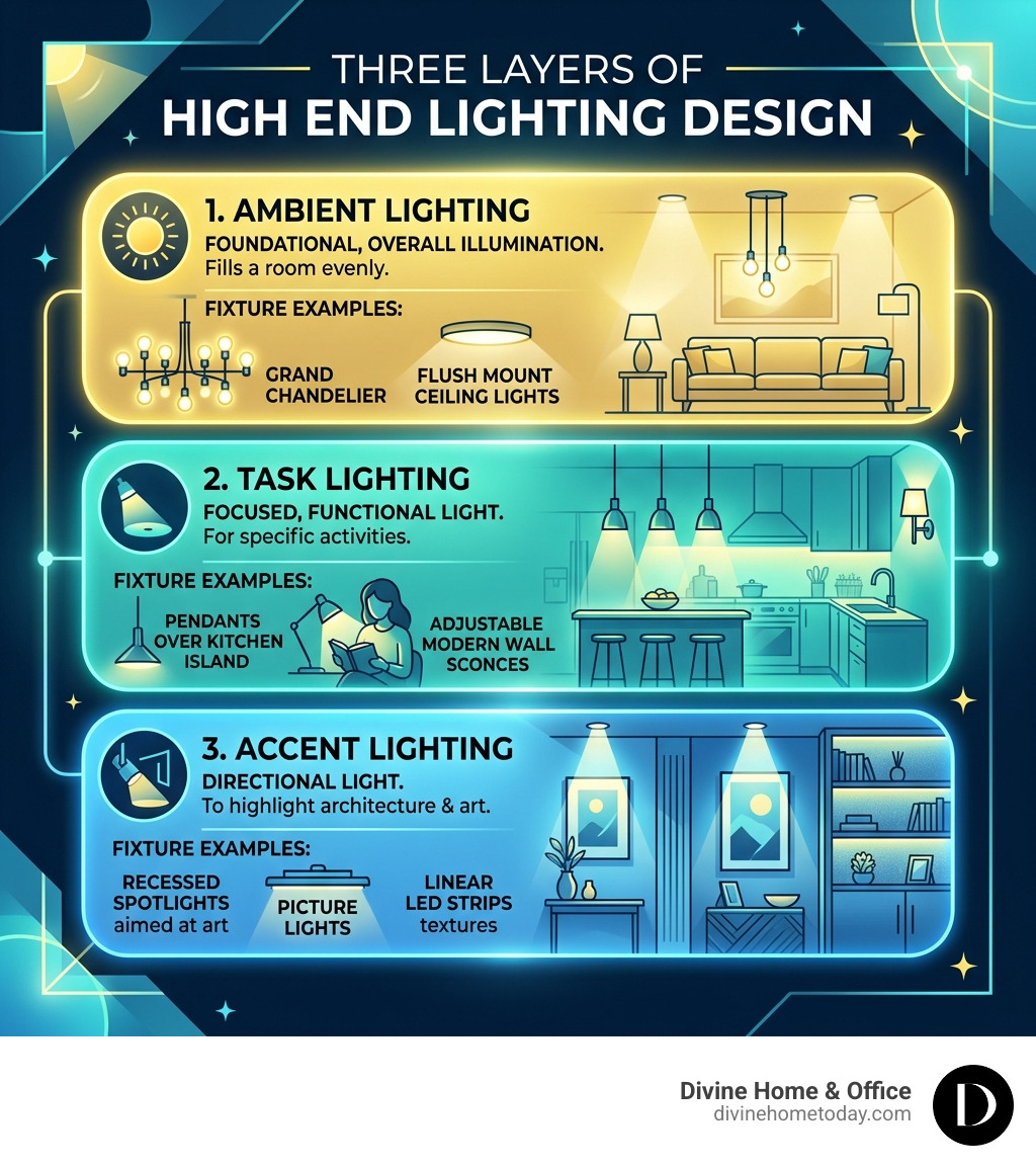 Three layers of high end lighting design: ambient, task, and accent with fixture examples - high end lighting design Three layers of high end lighting design: ambient, task, and accent with fixture examples - high end lighting design