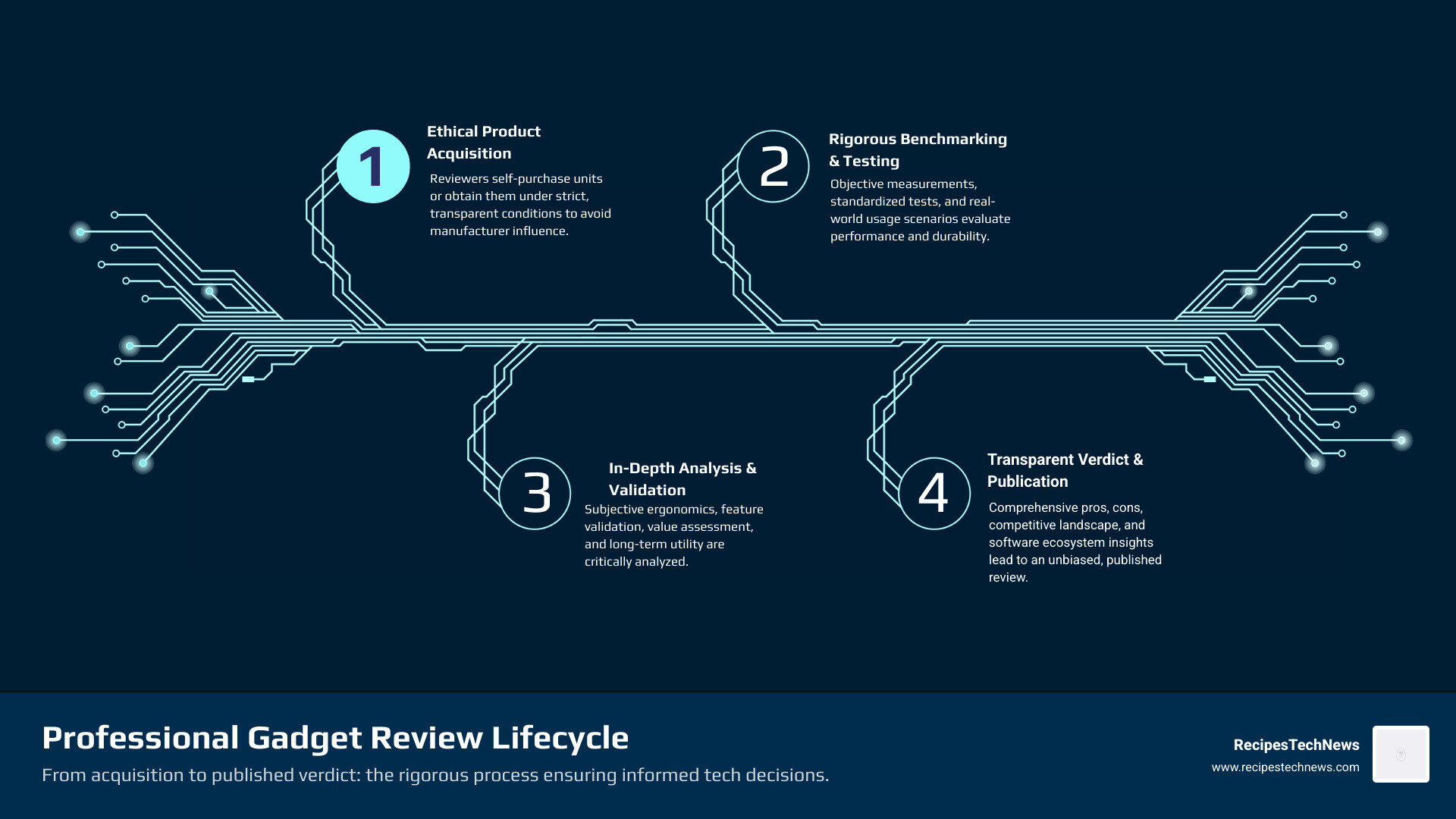 10-step professional gadget review lifecycle from product purchase to published verdict - gadget reviews infographic