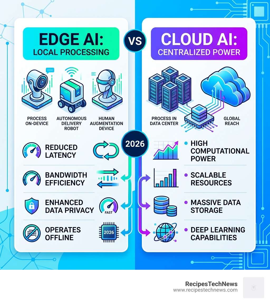 Efficiency comparison: Edge AI vs. Cloud AI in 2026 - latest technology updates in computer science infographic 
