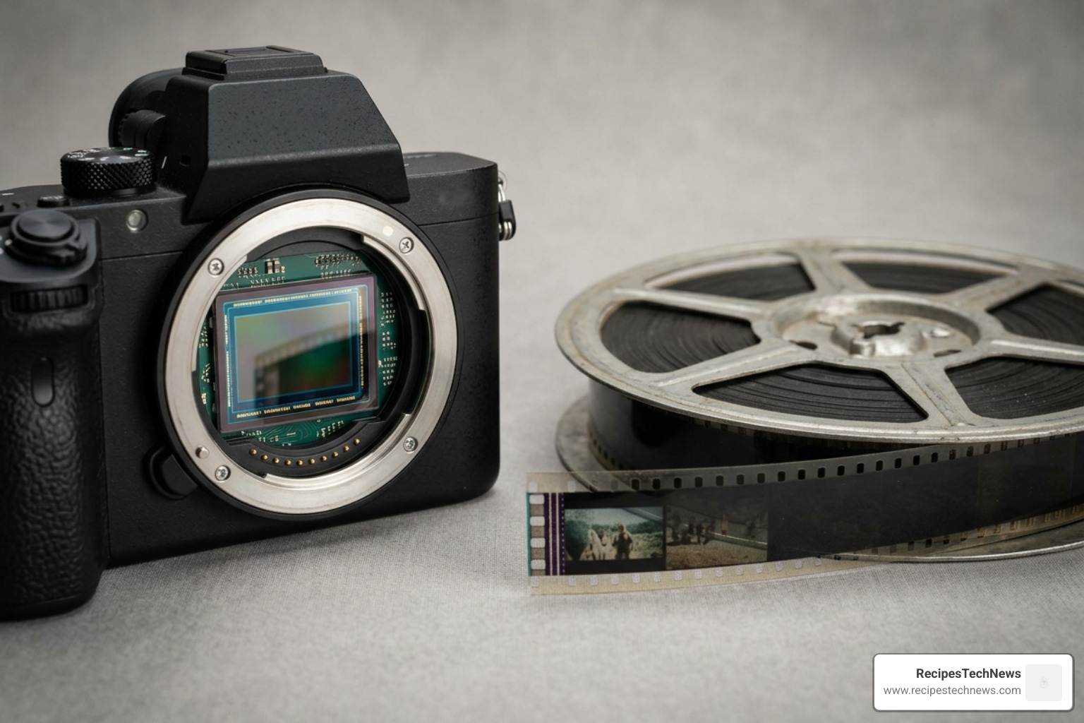 modern mirrorless camera sensor vs vintage film reel - digital filmmaking for beginners a practical guide to video production