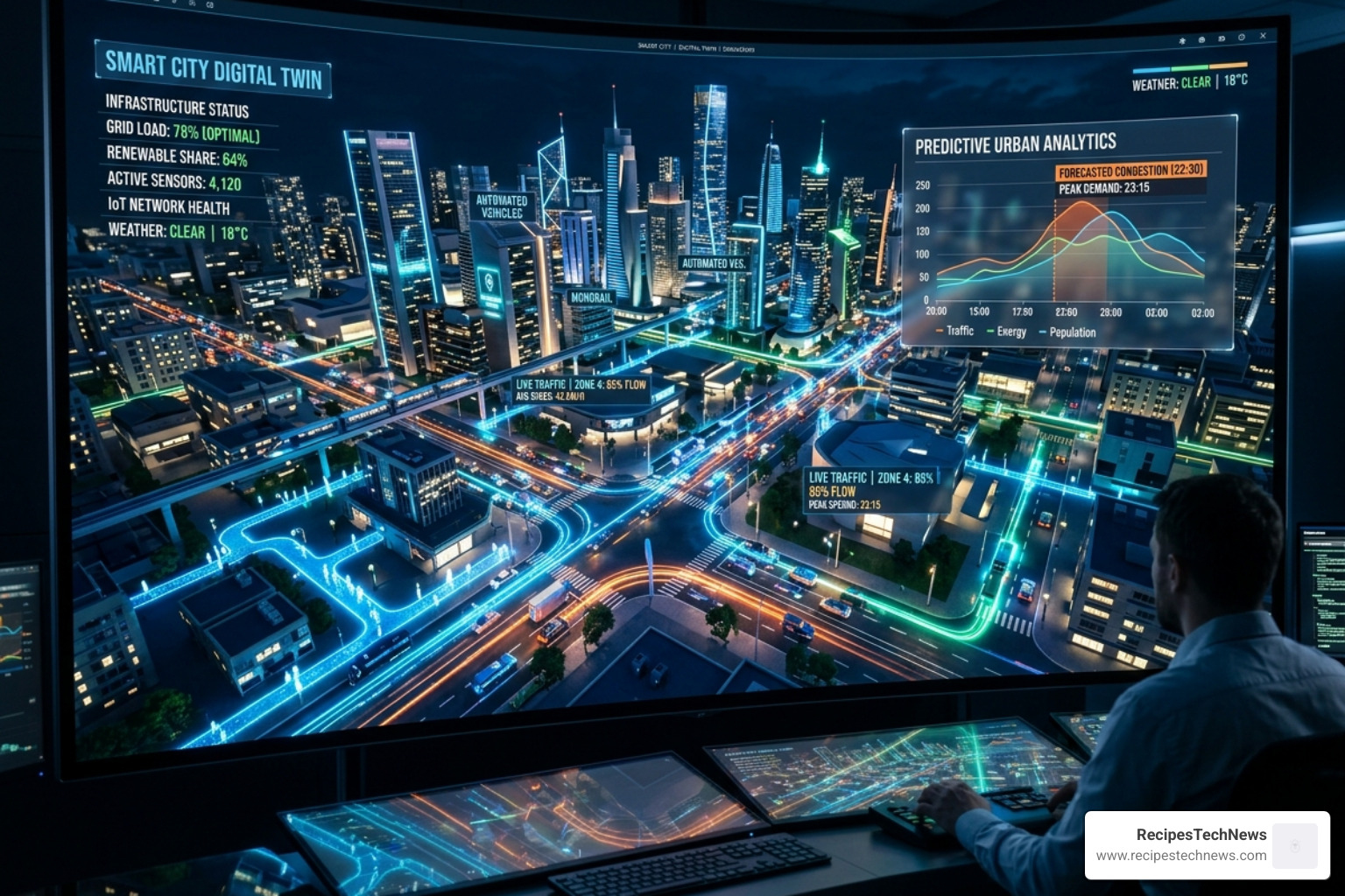 A digital twin simulating a smart city with real-time data overlays and predictive traffic flows - latest technology updates