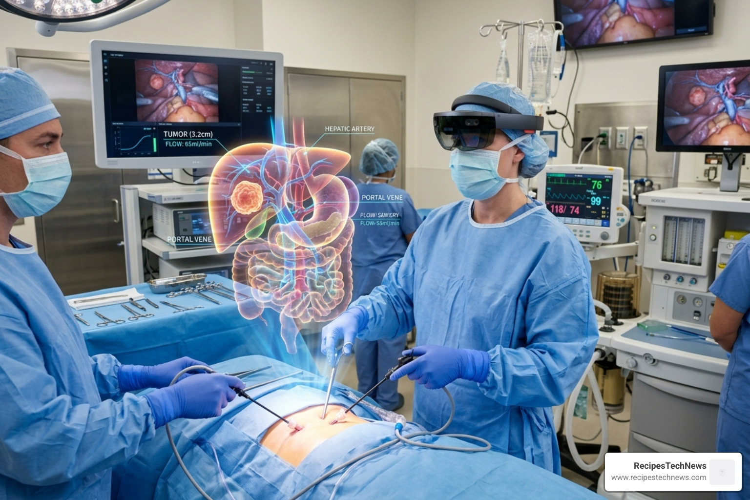 A surgeon using AR glasses to overlay a 3D digital twin of a patient's anatomy during a procedure - latest technology