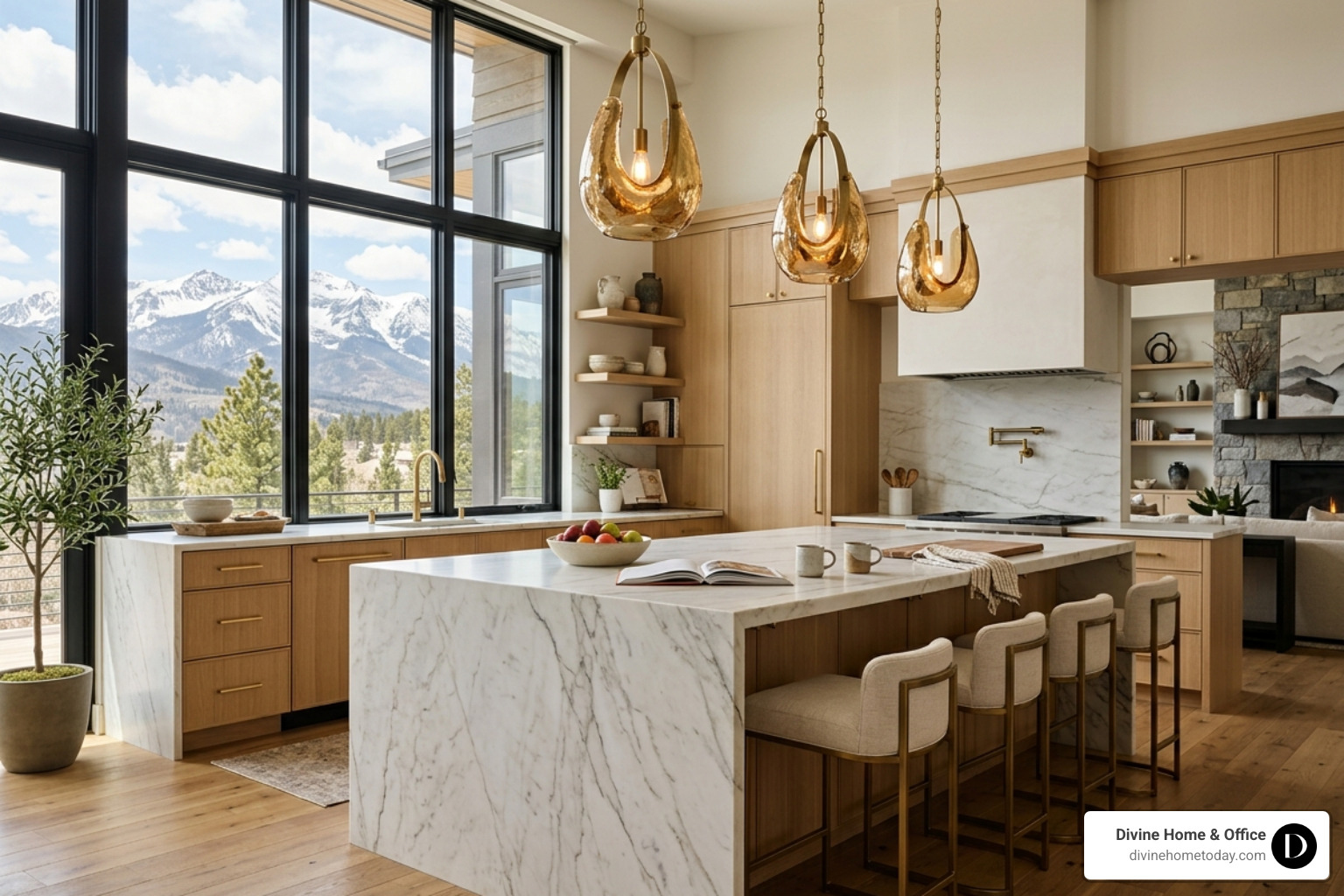 Sculptural pendants over a marble kitchen island in a high-end Denver home - high end lighting design Sculptural pendants over a marble kitchen island in a high-end Denver home - high end lighting design
