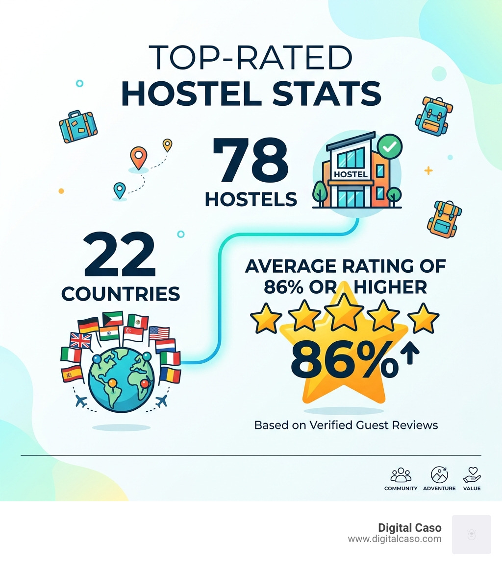 Stat showing that 78 hostels in 22 countries maintain an average rating of 86% or higher - best backpacker stays europe