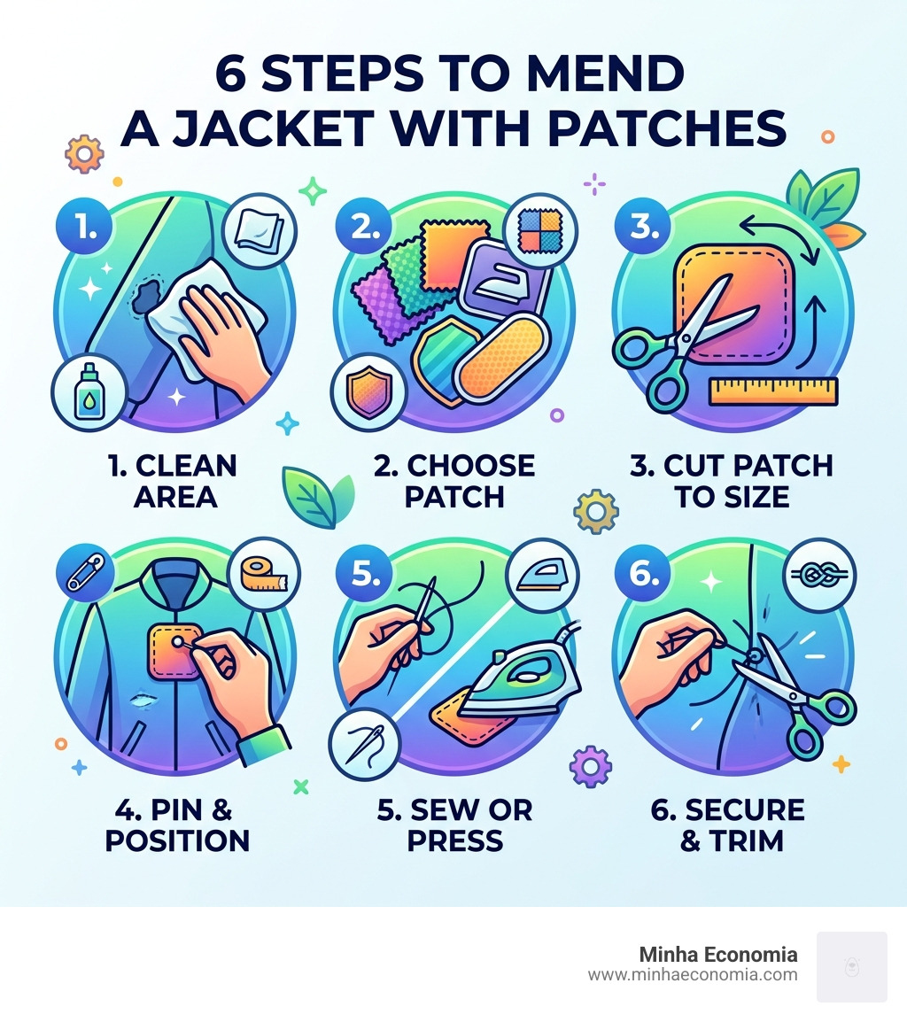 Infographic showing 6 steps to mend a jacket with patches, from cleaning to stitching - how mend jacket with patches
