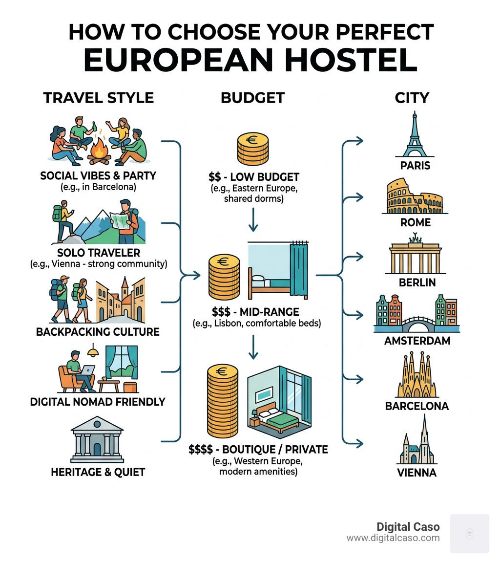 Infographic showing how to choose the best backpacker hostel in Europe by travel style, budget, and city - best backpacker