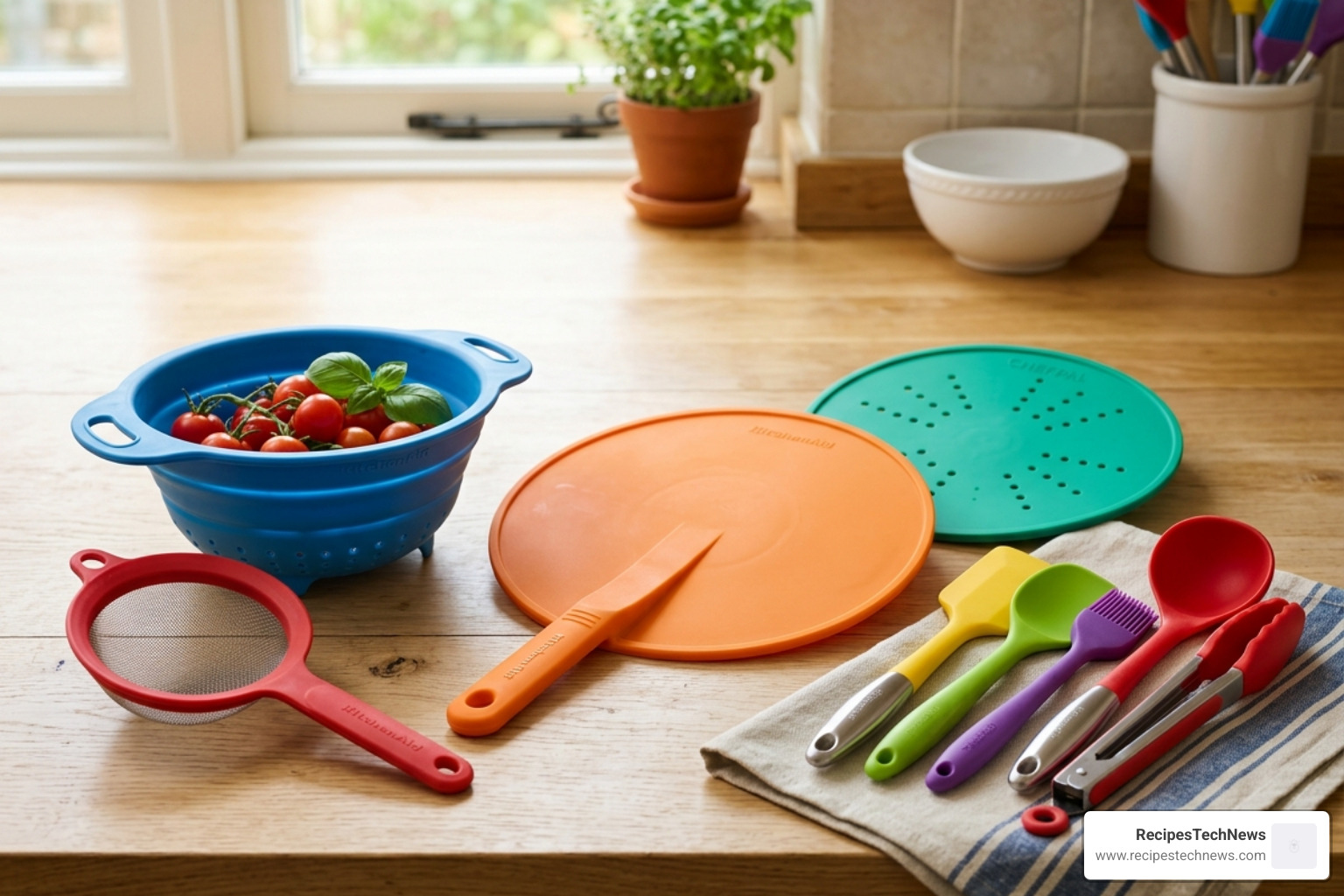Collection of colorful silicone kitchen tools like strainers and splatter guards - best kitchen gadgets on amazon