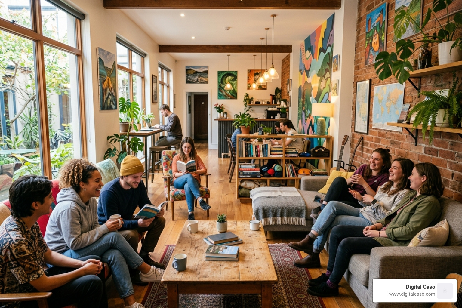 A modern hostel common area featuring comfortable seating, local art, and travelers interacting - best backpacker stays