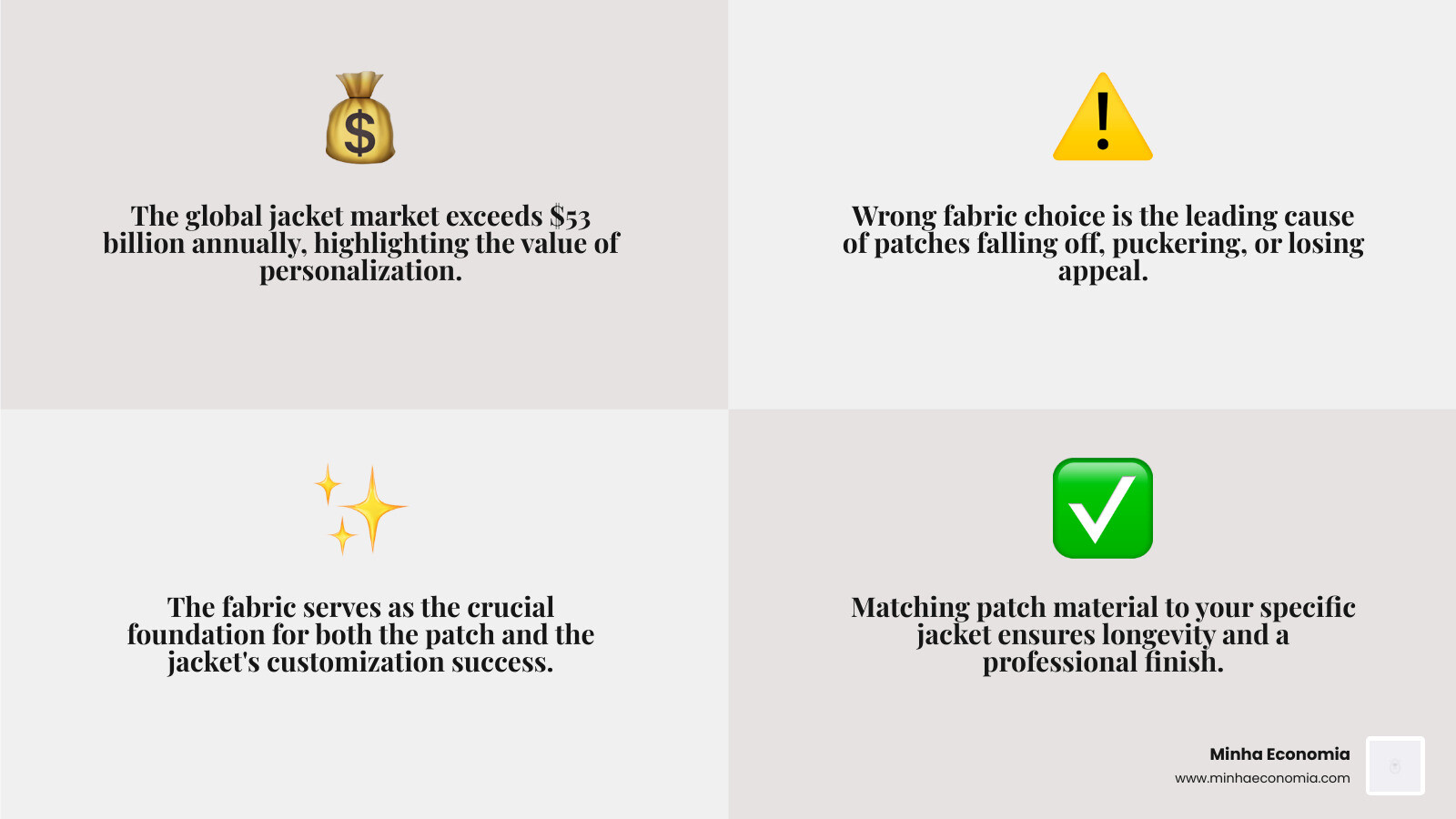 Patch-to-jacket compatibility matrix showing fabric types, jacket materials, and best attachment methods - best fabric for