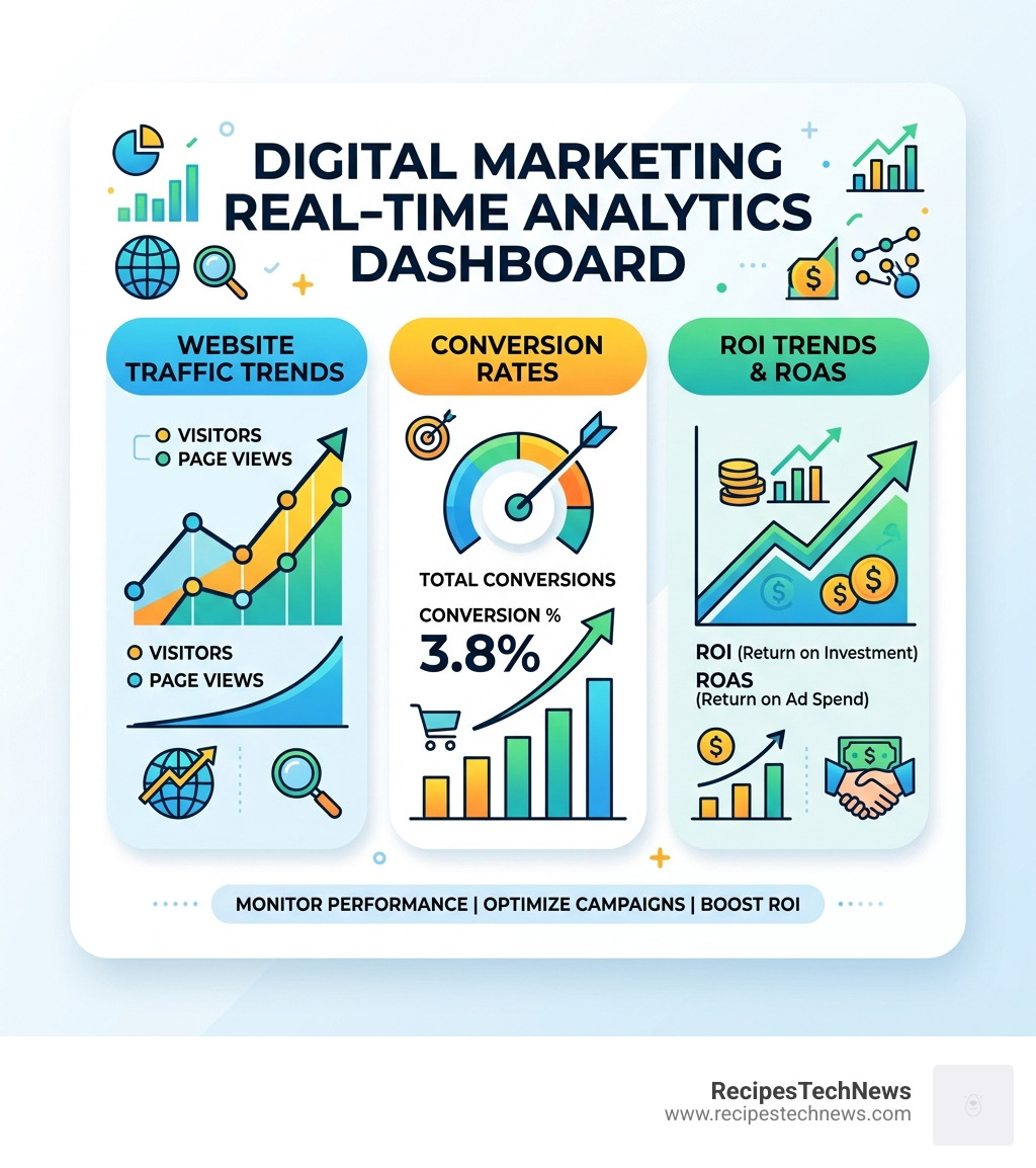 A real-time analytics dashboard showing traffic, conversion rates, and ROI trends - digital marketing for beginners