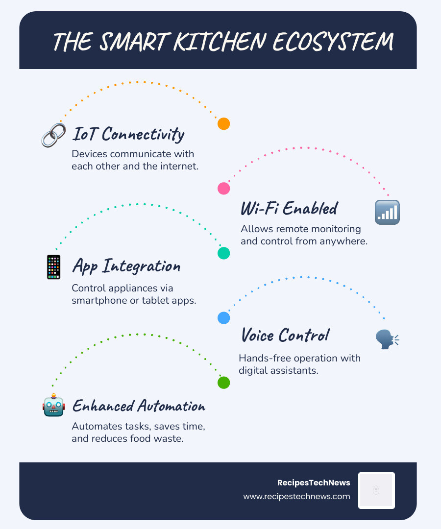 Smart kitchen ecosystem infographic showing connected appliances, Wi-Fi, voice control, and app integration - smart devices